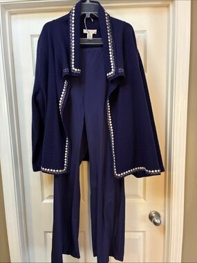 Elana  Purple/Blue Open-Front Cardigan with Button & BeadTrim 2X/3X & Pants 20